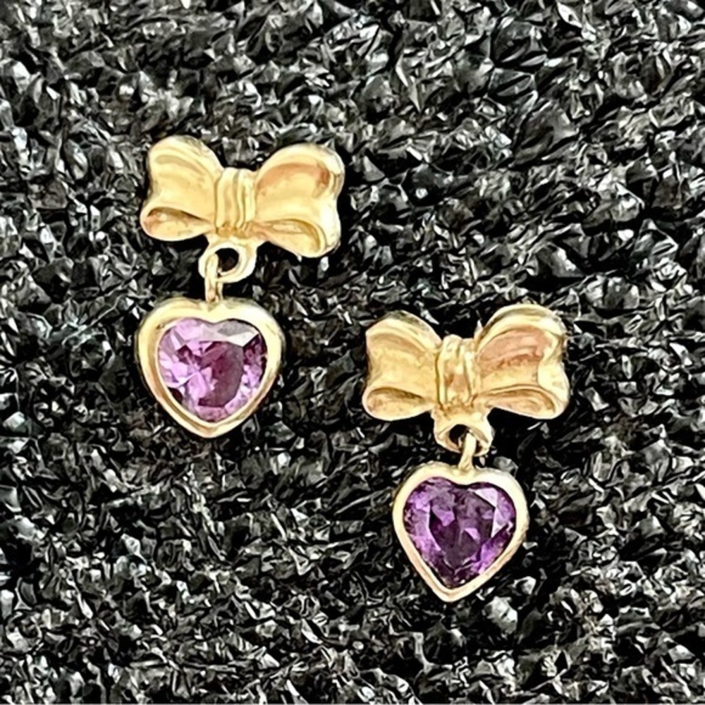 Purple Amethyst Heart Crystal Earrings with Gold Bow Design!